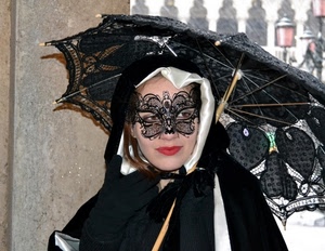 ombrello, maschera, carnevale, nero, pizzo, donna, venezia