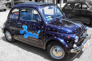 blu, baci, ruote, stelle, auto, pubblicità, cinquecento, automobile, macchina, scritte