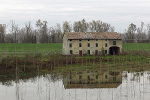 alberi, casolare, acqua, riflesso, finestre, verde, casa, erba, campi, arco, porte, nuvole, portone, riflessi, cielo, campo, campagna, argine, cascina