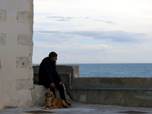mare, cane, uomo, seduto, cielo, muro, nuvole, barba, muretto, azzurro, orizzonte, tubo, cappello, animale, osservare, acqua, tombini