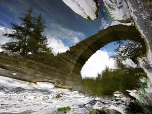 ponte, alberi, acqua, riflesso, arco, fiume, cielo