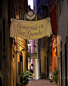 vicolo, insegna, gatto, luci, piante, case, insegne, strada, striscione, benvenuti, pianta