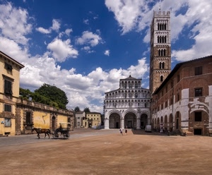 piazza, campanile, carrozza, chiesa, cavallo, torre, nuvole