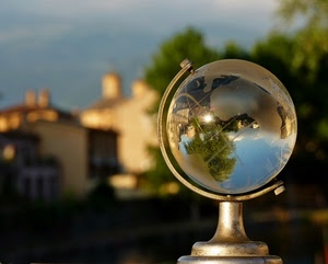 mappamondo, sfera, riflesso, riflessi, sfocato, trasparenza, mondo, albero, vetro, case, alberi