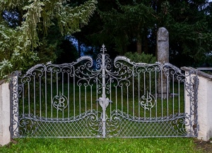 cancello, verde, colonna, alberi, prato, ferro, erba, parco, piante, curve, metallo