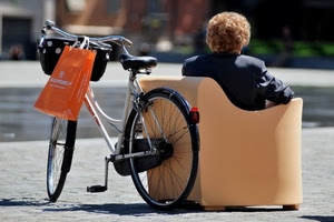 bicicletta, donna, poltrona, busta, borsa, ruote, pedale, seduta, panchina, arancione