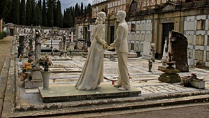 cimitero, tombe, statue, fiori, statua, vasi, alberi