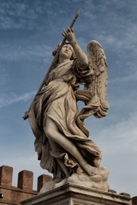 angelo, lancia, statua, ali, cielo, marmo, merli, ala