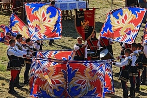 bandiere, sbandieratori, tamburi, colori, stendardo, gonfalone, medioevo, vessillo, blu, rosso