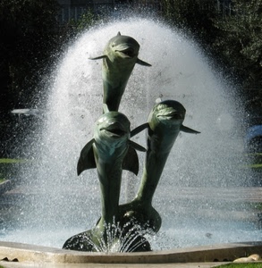 acqua, delfini, fontana, tre, spruzzi, statue, getti, schizzi, zampilli, statua, animali, alberi